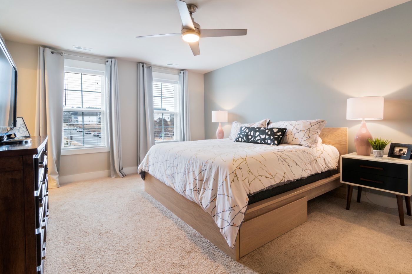 Clean modern bedroom prepared for arriving guests